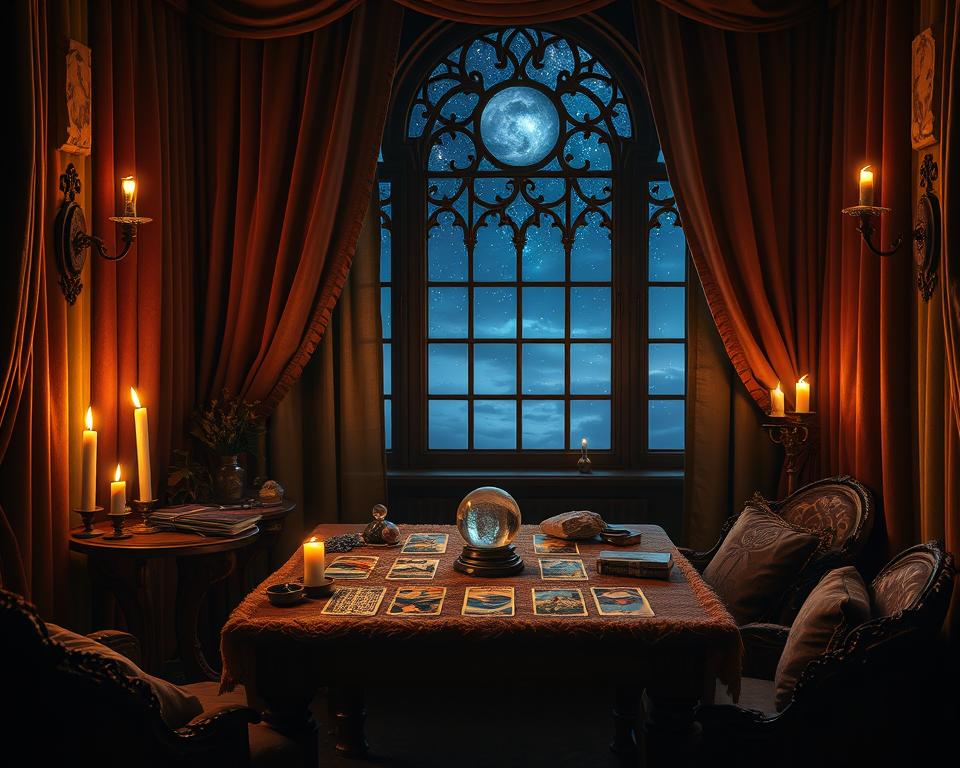 A cozy, candlelit room with a wooden table in the center, adorned with a plush tarot cloth, a crystal ball, and an assortment of tarot cards. The walls are draped in rich, velvet curtains, creating a sense of privacy and mysticism. Soft, ambient lighting from wall sconces casts a warm glow, highlighting the ornate details of the space. Dried herbs and crystals are scattered around the room, adding to the sacred, meditative atmosphere. A large, ornate window in the background provides a glimpse of a serene, starry night sky, hinting at the cosmic forces at play. This intimate, sacred space is the perfect setting for a deep, introspective tarot reading. A cozy, candlelit room with a wooden table in the center, adorned with a plush tarot cloth, a crystal ball, and an assortment of tarot cards. The walls are draped in rich, velvet curtains, creating a sense of privacy and mysticism. Soft, ambient lighting from wall sconces casts a warm glow, highlighting the ornate details of the space. Dried herbs and crystals are scattered around the room, adding to the sacred, meditative atmosphere. A large, ornate window in the background provides a glimpse of a serene, starry night sky, hinting at the cosmic forces at play. This intimate, sacred space is the perfect setting for a deep, introspective tarot reading.