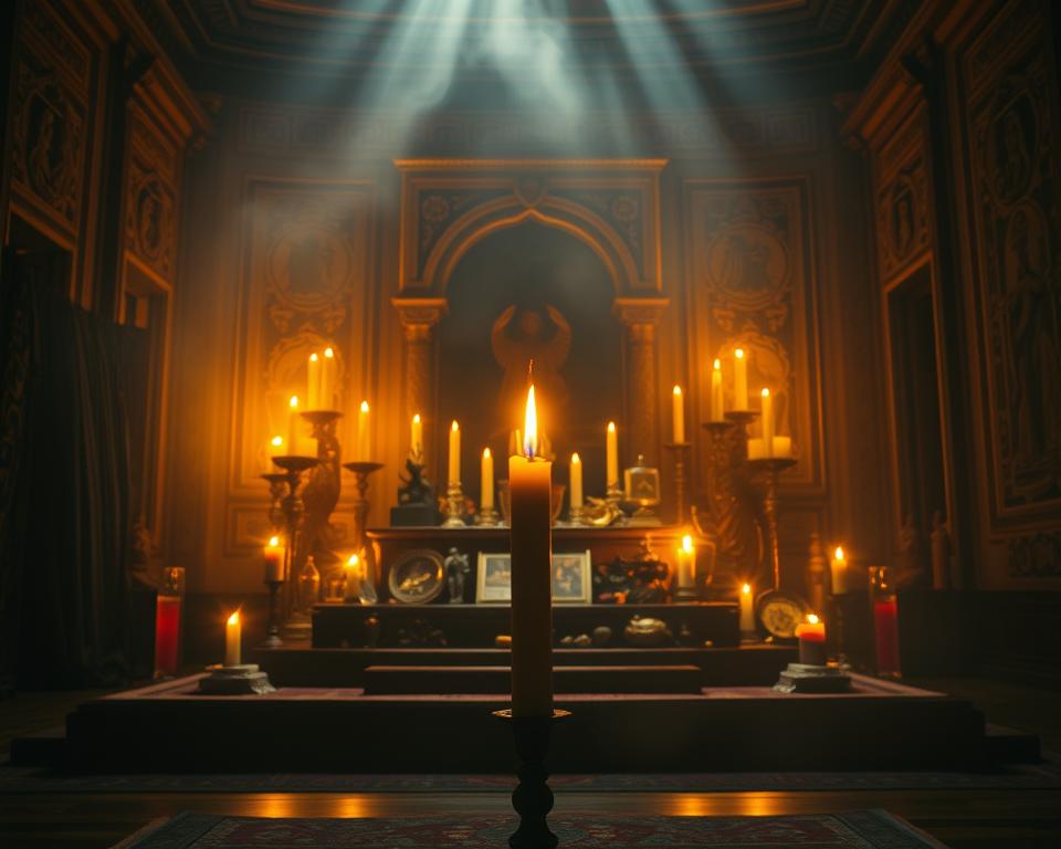 A dimly lit, sacred space with a central altar adorned with candles, crystals, and symbolic objects. The room is bathed in a warm, golden glow, creating a serene and contemplative atmosphere. The walls are decorated with intricate tapestries and carvings, hinting at the rich cultural heritage of the ritual. In the foreground, a single, unlit candle stands, waiting to be ignited as part of the Abundance Ritual. The background fades into a hazy, dreamlike quality, suggesting a realm of the divine and the unseen. The overall composition evokes a sense of reverence, spirituality, and the potential for transformation.