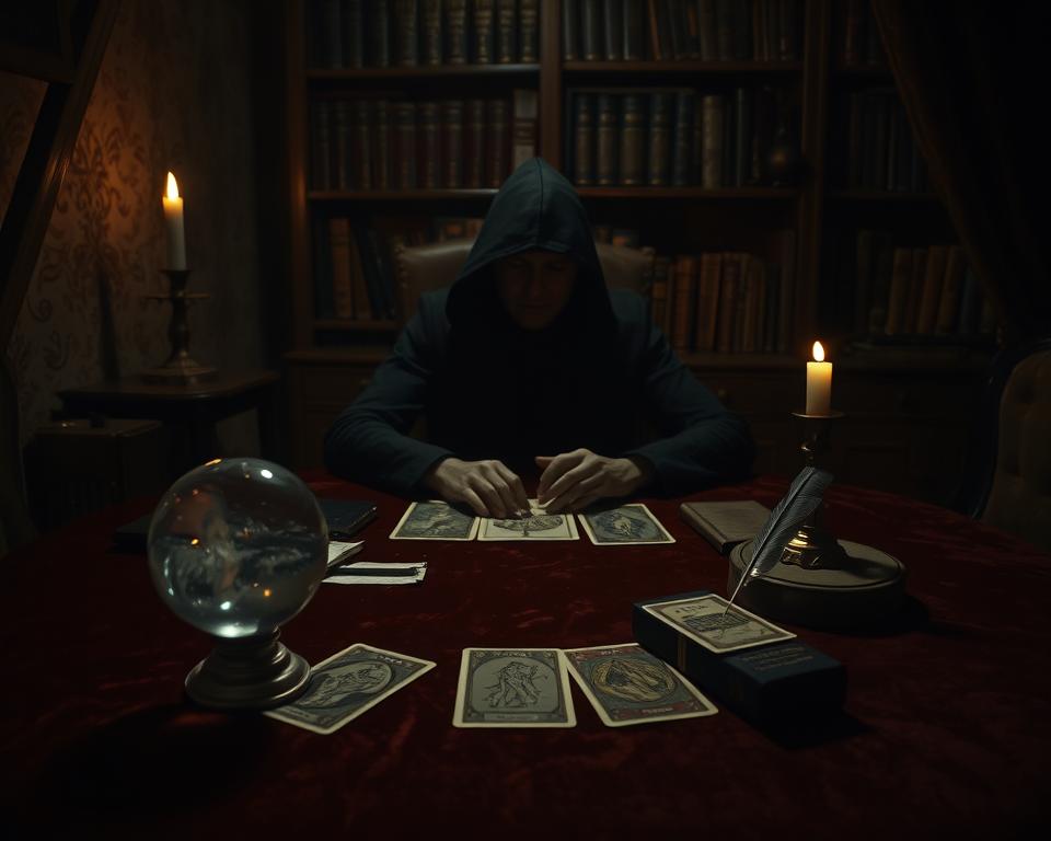 A dimly lit tarot card reading nook, with a table covered in a rich, velvet cloth. In the foreground, a crystal ball, several tarot cards, and a quill and ink set, casting long shadows. The middle ground features a shadowy figure, their face obscured, deep in contemplation as they interpret the spread. In the background, a bookshelf filled with occult tomes, a single candle flickering, creating a warm, mystical ambiance. Soft, dramatic lighting from a single source, casting dramatic chiaroscuro throughout the scene. An atmosphere of introspection, mystery, and the uncovering of hidden truths.
