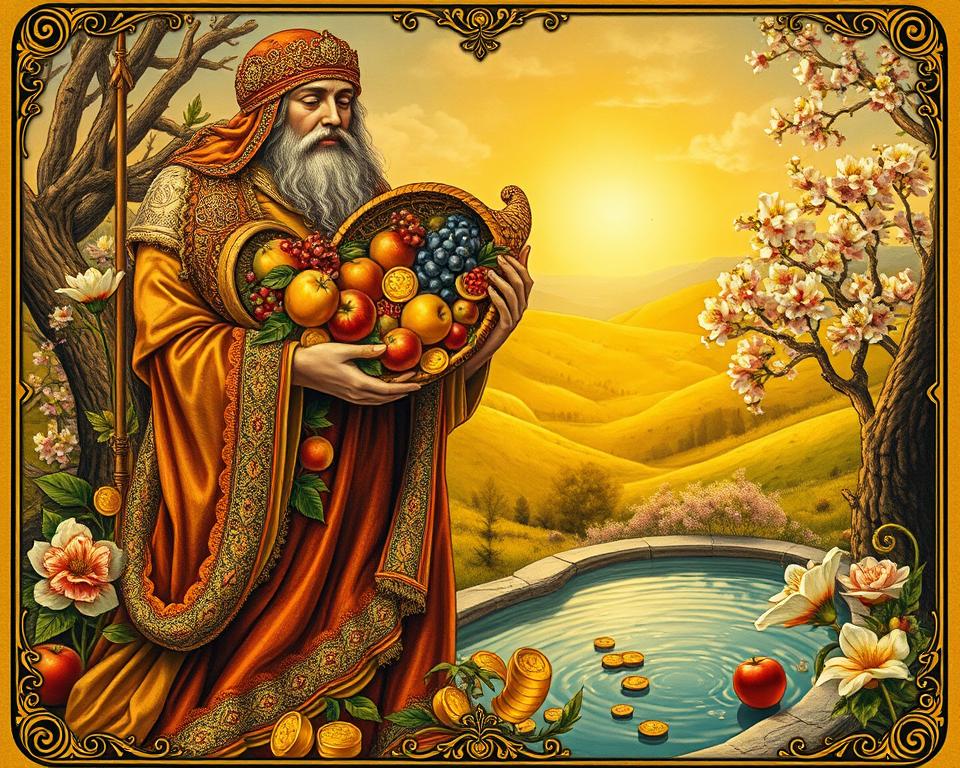 A lush, ornate tarot card depicting the concept of abundance and prosperity. The foreground features a central figure holding a cornucopia, overflowing with an array of bountiful fruits, flowers, and golden coins. The figure's robes are richly detailed, with intricate patterns and embroidery. The middle ground showcases a serene, natural landscape, with rolling hills, blooming trees, and a clear, reflective pool. The background is illuminated by a warm, golden light, casting a soft, ethereal glow over the entire scene. The composition is balanced and harmonious, conveying a sense of balance, fulfillment, and wealth. The overall mood is one of abundance, tranquility, and prosperity.