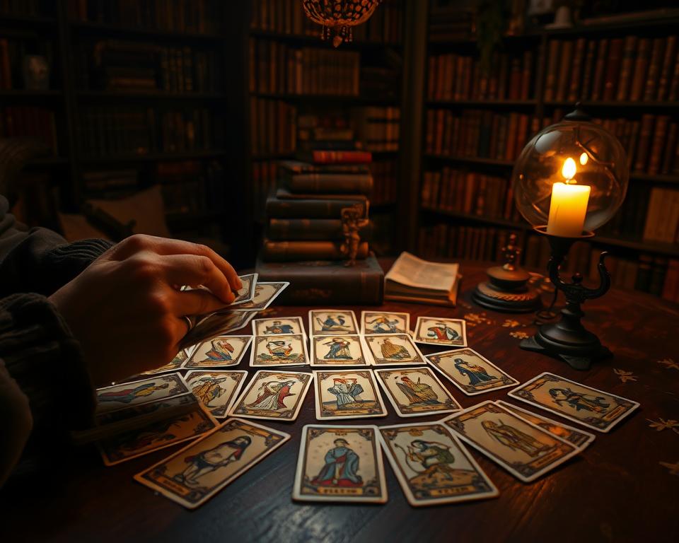 A mystic tarot card reading scene, set in a dimly lit room bathed in a warm, golden glow. In the foreground, a tarot reader's hands carefully shuffle a deck of antique tarot cards, their intricate illustrations casting shadows across the table. The middle ground reveals a spread of tarot cards laid out in a traditional pattern, each one radiating a subtle, ethereal energy. In the background, bookshelves filled with ancient tomes and mystical artifacts create a sense of occult knowledge and esoteric wisdom. The overall atmosphere is one of contemplation, divination, and the exploration of the unknown.