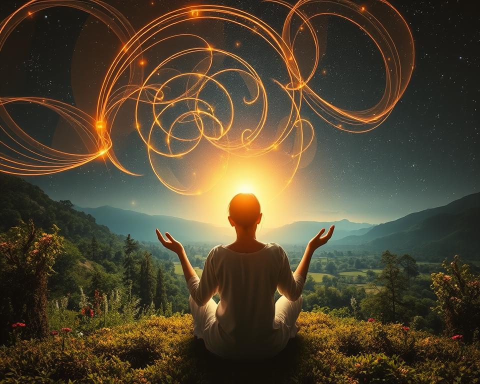 A mystical, ethereal scene of "Affirmations puissantes pour l'abondance". In the foreground, a serene figure sits in a meditative pose, hands outstretched, palms upturned, emanating a golden glow. Swirling around them, delicate tendrils of light in shades of amber, ochre, and bronze, forming a halo-like effect. In the middle ground, a lush, verdant landscape with flourishing foliage and blooming flowers, symbolizing abundance and prosperity. The background depicts a starry night sky, the cosmos twinkling with celestial energy, lending an auspicious, transcendent atmosphere. The lighting is soft and diffuse, creating an ethereal, dream-like quality. Captured with a wide-angle lens to convey a sense of expansiveness and grandeur.