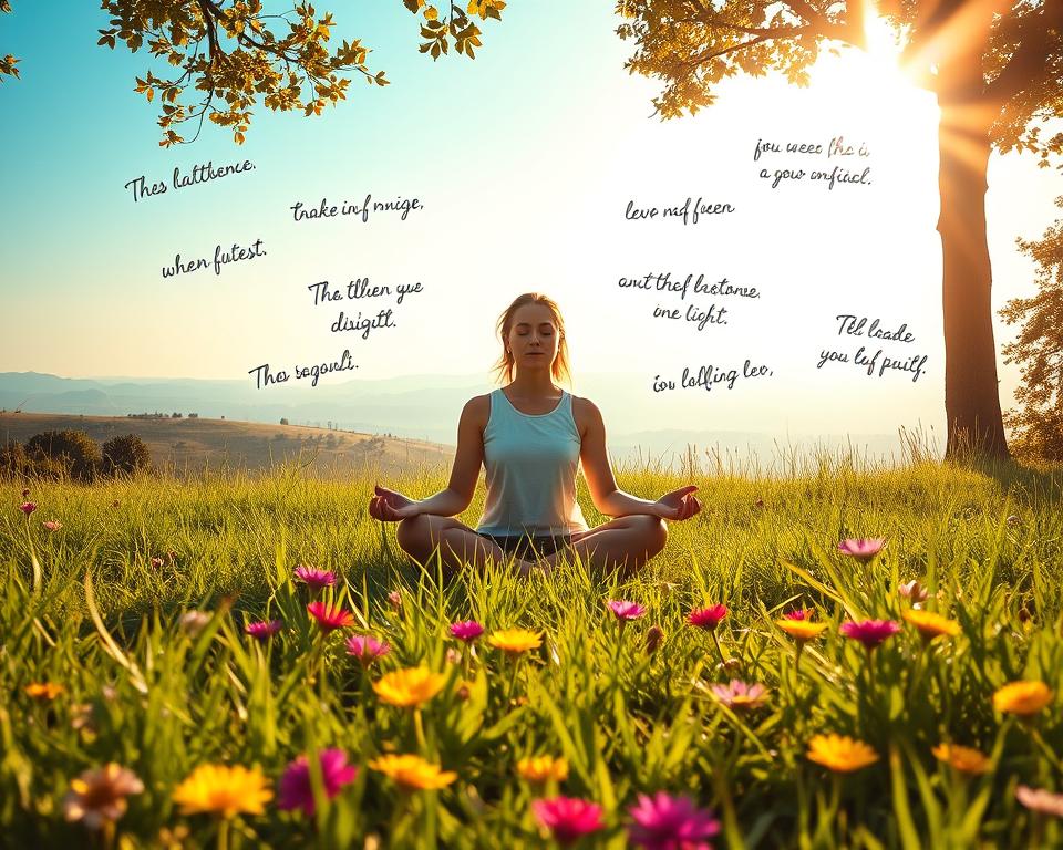 A peaceful, sun-drenched meadow with lush, verdant grass and vibrant wildflowers blooming in the foreground. In the center, a serene person sits cross-legged, their eyes closed in a meditative pose. Gentle sunbeams filter through the trees, casting a warm, diffused light on the scene. Surrounding the person are various affirmation phrases, elegantly handwritten on parchment-like leaves, floating and drifting through the air, conveying a sense of gratitude and abundance. The background features a distant, hazy horizon, with rolling hills and a clear, azure sky above. The overall mood is one of tranquility, introspection, and a deep appreciation for the beauty of the natural world.