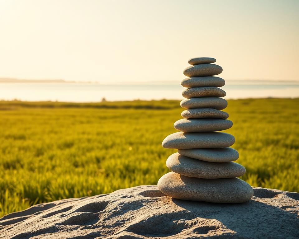 A serene and minimalist scene depicting "affirmations prouvées". In the foreground, a stack of smooth stones arranged in a pyramid formation, representing the solidity and stability of well-tested affirmations. The middle ground features a lush, verdant meadow, symbolizing the fertile ground for growth and abundance. In the background, a tranquil lake reflects the clear sky, conveying a sense of clarity and calm. The lighting is soft and diffused, creating a warm, golden glow that envelops the entire composition. The overall mood is one of confidence, resilience, and the power of positive self-belief.