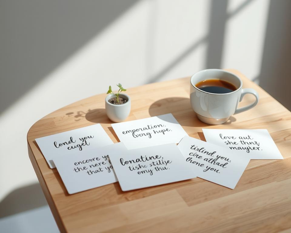 A serene and minimalist scene of affirmation cards resting on a wooden table, bathed in soft, natural light. The cards feature handwritten positive mantras in a variety of modern, calligraphic styles. A single potted plant and a cup of coffee or tea add a sense of tranquility and personal reflection. The composition is balanced and uncluttered, inviting the viewer to focus on the empowering messages and the simple act of morning affirmations. The overall mood is one of positivity, clarity, and self-care. A serene and minimalist scene of affirmation cards resting on a wooden table, bathed in soft, natural light. The cards feature handwritten positive mantras in a variety of modern, calligraphic styles. A single potted plant and a cup of coffee or tea add a sense of tranquility and personal reflection. The composition is balanced and uncluttered, inviting the viewer to focus on the empowering messages and the simple act of morning affirmations. The overall mood is one of positivity, clarity, and self-care.