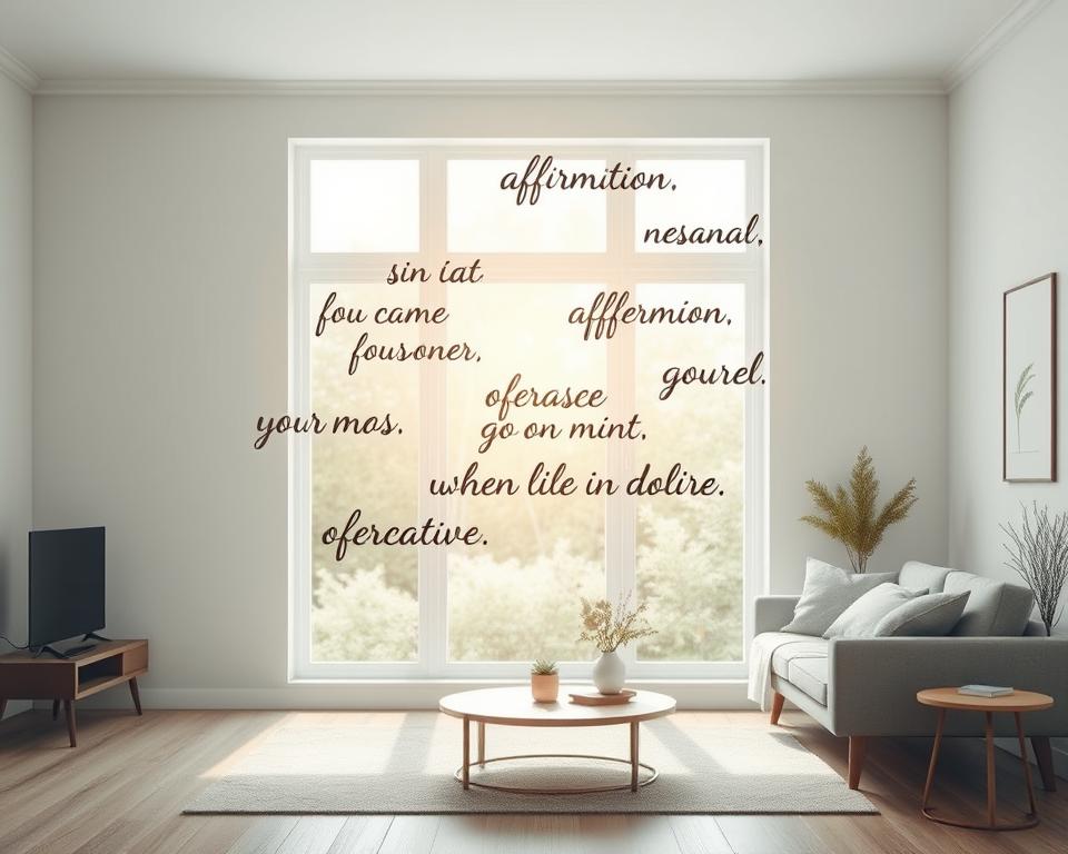 A serene and peaceful scene of affirmations floating in the air, casting a warm glow over a tranquil living space. The affirmations, rendered in a calligraphic script, appear to be suspended in mid-air, emanating a sense of effortless positivity. The background is a minimalist, Scandinavian-inspired interior, with neutral tones and clean lines, allowing the affirmations to take center stage. Soft, diffused lighting from a large window bathes the scene in a gentle, natural radiance, creating an atmosphere of calm introspection. The composition is balanced, with the affirmations positioned in a visually appealing arrangement, inviting the viewer to pause and reflect on their transformative power.