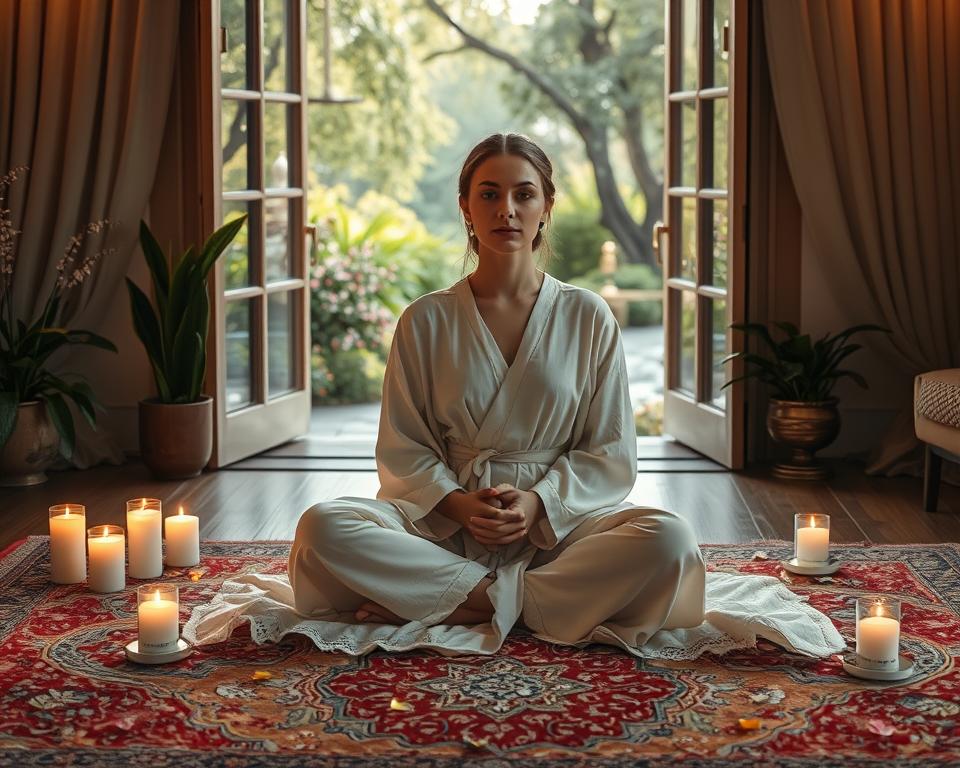 A serene and tranquil morning scene, with a person sitting cross-legged on a plush, ornate rug, surrounded by flickering candles and delicate flower petals. The lighting is soft and warm, creating a peaceful and contemplative atmosphere. In the background, a lush, verdant garden with swaying trees and a flowing stream can be seen through an open window, symbolizing the abundance and prosperity to be manifested. The model is wearing flowing, ethereal robes and has a serene, meditative expression, their hands resting gently in their lap. The overall composition evokes a sense of ritual, mindfulness, and spiritual connection. A serene and tranquil morning scene, with a person sitting cross-legged on a plush, ornate rug, surrounded by flickering candles and delicate flower petals. The lighting is soft and warm, creating a peaceful and contemplative atmosphere. In the background, a lush, verdant garden with swaying trees and a flowing stream can be seen through an open window, symbolizing the abundance and prosperity to be manifested. The model is wearing flowing, ethereal robes and has a serene, meditative expression, their hands resting gently in their lap. The overall composition evokes a sense of ritual, mindfulness, and spiritual connection.