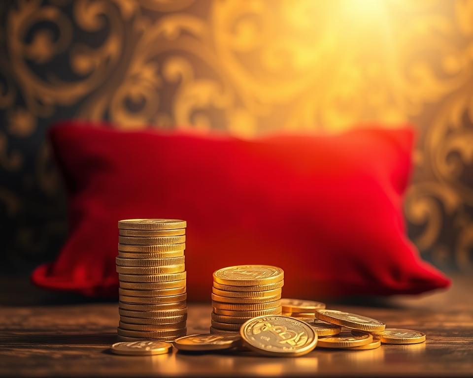 A serene and tranquil scene depicting the concept of "affirmations de prospérité". In the foreground, a stack of ornate golden coins, symbolizing financial abundance and wealth. In the middle ground, a luxurious red velvet cushion, suggesting comfort and opulence. Surrounding the coins, a halo of soft, warm lighting, creating an ethereal, almost divine atmosphere. In the background, a blurred, yet elegant backdrop of swirling, abstract patterns in shades of gold and burgundy, evoking a sense of mysticism and spirituality. The overall composition is balanced, harmonious, and invites the viewer to contemplate the power of positive affirmations in manifesting prosperity. A serene and tranquil scene depicting the concept of "affirmations de prospérité". In the foreground, a stack of ornate golden coins, symbolizing financial abundance and wealth. In the middle ground, a luxurious red velvet cushion, suggesting comfort and opulence. Surrounding the coins, a halo of soft, warm lighting, creating an ethereal, almost divine atmosphere. In the background, a blurred, yet elegant backdrop of swirling, abstract patterns in shades of gold and burgundy, evoking a sense of mysticism and spirituality. The overall composition is balanced, harmonious, and invites the viewer to contemplate the power of positive affirmations in manifesting prosperity.