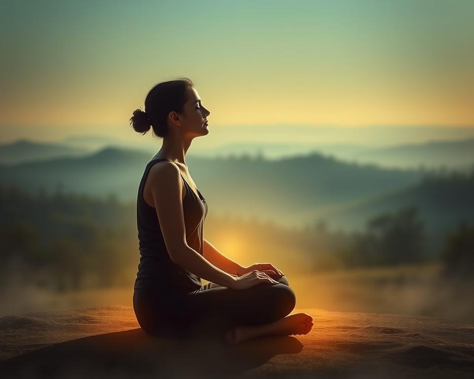 A serene, contemplative scene of a person experiencing an intuitive connection. In the foreground, a figure sits cross-legged, eyes closed, hands resting gently on their lap, surrounded by a soft, warm glow. The middle ground features a natural landscape - rolling hills, swaying trees, and a distant horizon. The background is bathed in a dreamlike, ethereal light, creating a sense of tranquility and inner awareness. The lighting is soft and diffused, lending a sense of peace and introspection. The overall composition evokes a moment of profound insight and intuitive understanding. A serene, contemplative scene of a person experiencing an intuitive connection. In the foreground, a figure sits cross-legged, eyes closed, hands resting gently on their lap, surrounded by a soft, warm glow. The middle ground features a natural landscape - rolling hills, swaying trees, and a distant horizon. The background is bathed in a dreamlike, ethereal light, creating a sense of tranquility and inner awareness. The lighting is soft and diffused, lending a sense of peace and introspection. The overall composition evokes a moment of profound insight and intuitive understanding.