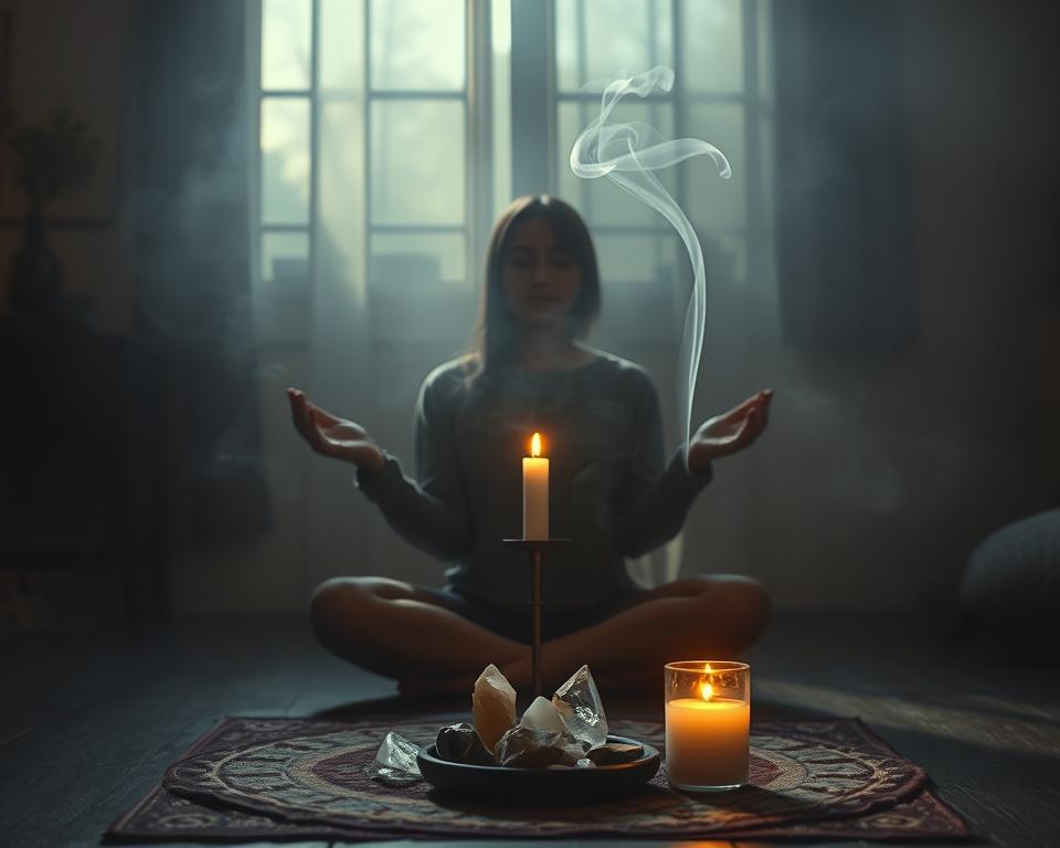 A serene, dimly-lit room with a flickering candle casting a warm glow. In the foreground, a person sits cross-legged, palms upturned, engaged in a meditative energy cleansing ritual. Wisps of sage smoke curl through the air, purifying the space. In the middle ground, crystals and sacred symbols adorn a small altar, their surfaces reflecting the candlelight. The background fades into a hazy, ethereal atmosphere, suggesting a transcendent, spiritual experience. A serene, dimly-lit room with a flickering candle casting a warm glow. In the foreground, a person sits cross-legged, palms upturned, engaged in a meditative energy cleansing ritual. Wisps of sage smoke curl through the air, purifying the space. In the middle ground, crystals and sacred symbols adorn a small altar, their surfaces reflecting the candlelight. The background fades into a hazy, ethereal atmosphere, suggesting a transcendent, spiritual experience.