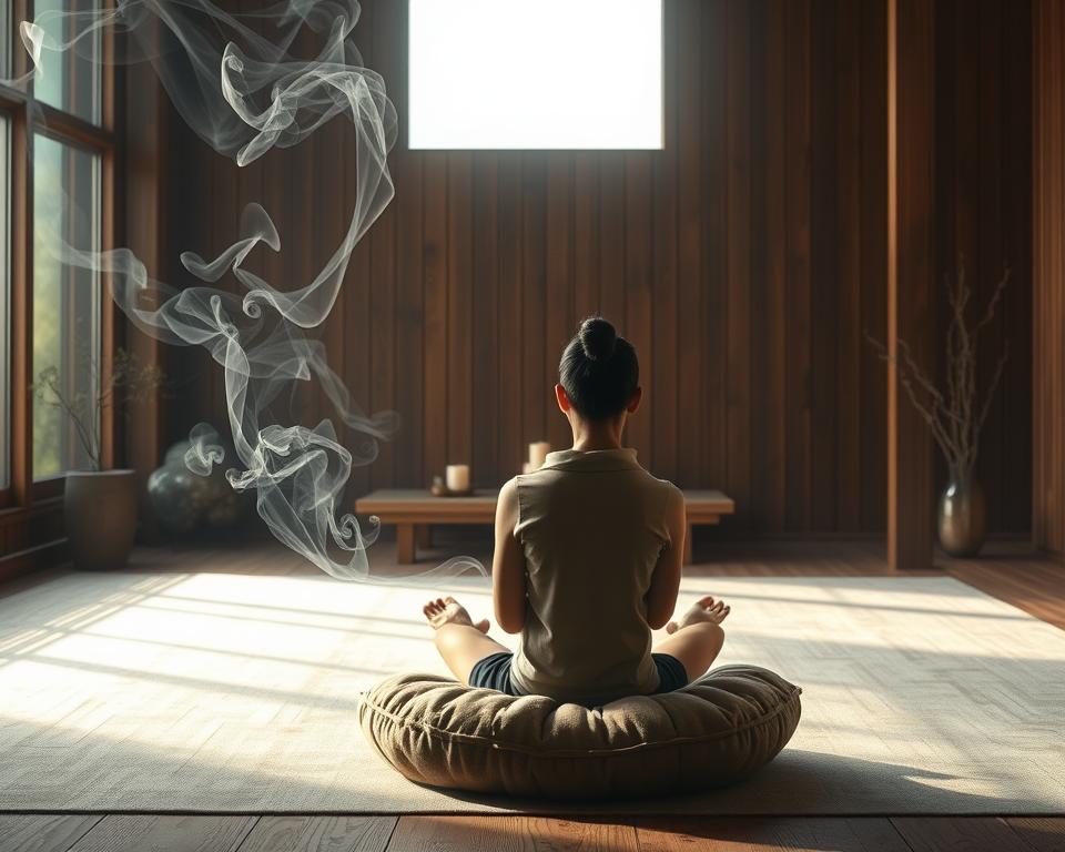A serene indoor meditation space, bathed in soft, natural lighting. In the foreground, a person sits cross-legged on a plush, earth-toned cushion, their eyes closed in deep contemplation. Wispy tendrils of incense curl upwards, creating a hazy, ethereal atmosphere. The middle ground features a simple, minimalist altar adorned with a single candle and a small bowl of river stones. The background is dominated by a large window, allowing the gentle glow of a crescent moon to spill into the room, casting a tranquil, lunar ambiance. Textures of wood, linen, and stone create a soothing, grounded feel, inviting the viewer to pause and reflect.