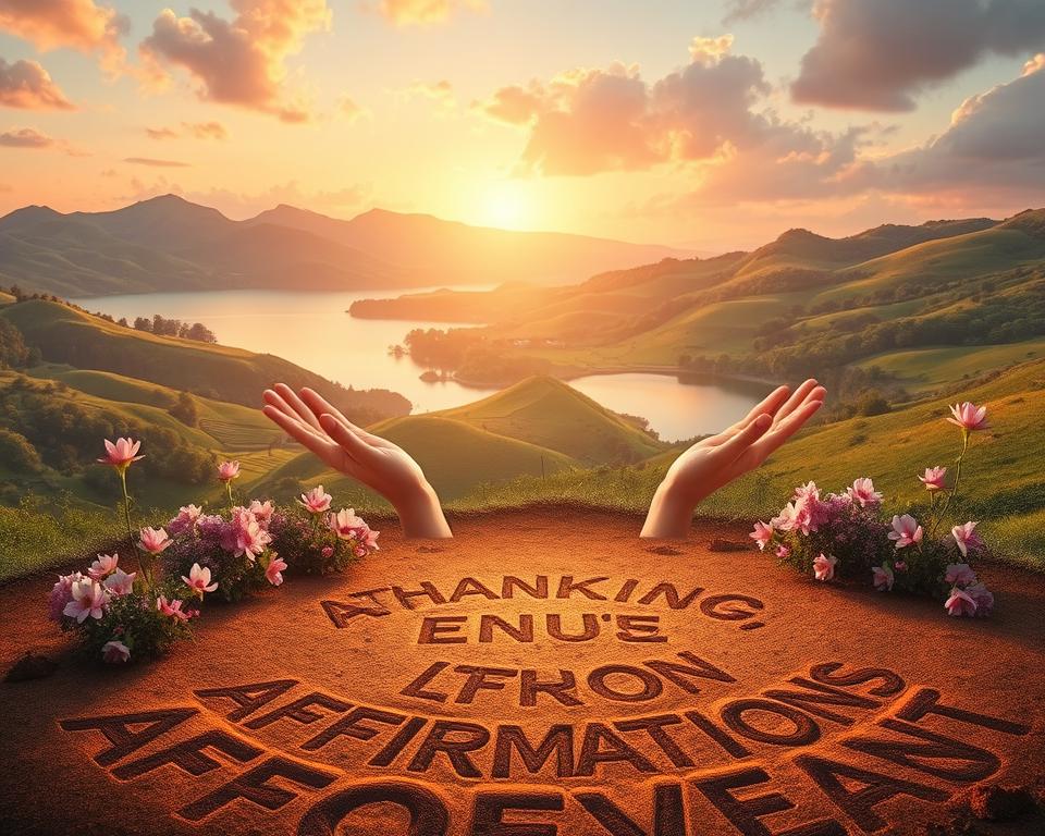 A serene landscape of rolling hills, lush foliage, and a tranquil lake reflecting the golden glow of the setting sun. In the foreground, a circle of affirmations carved into the earth, each word radiant with a soft, warm light. Surrounding the affirmations, delicate flowers in shades of pink, purple, and white sway gently in a light breeze. In the middle ground, a pair of hands, palms facing upward, extend outward, embracing the affirmations with an expression of gratitude and acceptance. The background features a dreamy, ethereal sky, the clouds tinged with hues of pink and orange, creating a sense of boundless possibility and inner peace.