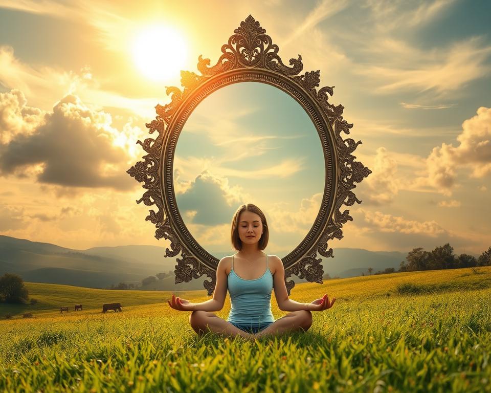 A serene landscape with a glowing sun peeking through wispy clouds, casting a warm glow over a lush meadow. In the foreground, a young woman sits in a meditative pose, radiating an aura of calm and focus. Behind her, a large, ornate mirror floats effortlessly, reflecting the vibrant scenery around her. The mirror's frame is adorned with intricate patterns, symbolizing the interconnectedness of the physical and spiritual realms. The overall scene conveys a sense of inner harmony, balance, and the principles of the law of attraction. A serene landscape with a glowing sun peeking through wispy clouds, casting a warm glow over a lush meadow. In the foreground, a young woman sits in a meditative pose, radiating an aura of calm and focus. Behind her, a large, ornate mirror floats effortlessly, reflecting the vibrant scenery around her. The mirror's frame is adorned with intricate patterns, symbolizing the interconnectedness of the physical and spiritual realms. The overall scene conveys a sense of inner harmony, balance, and the principles of the law of attraction.