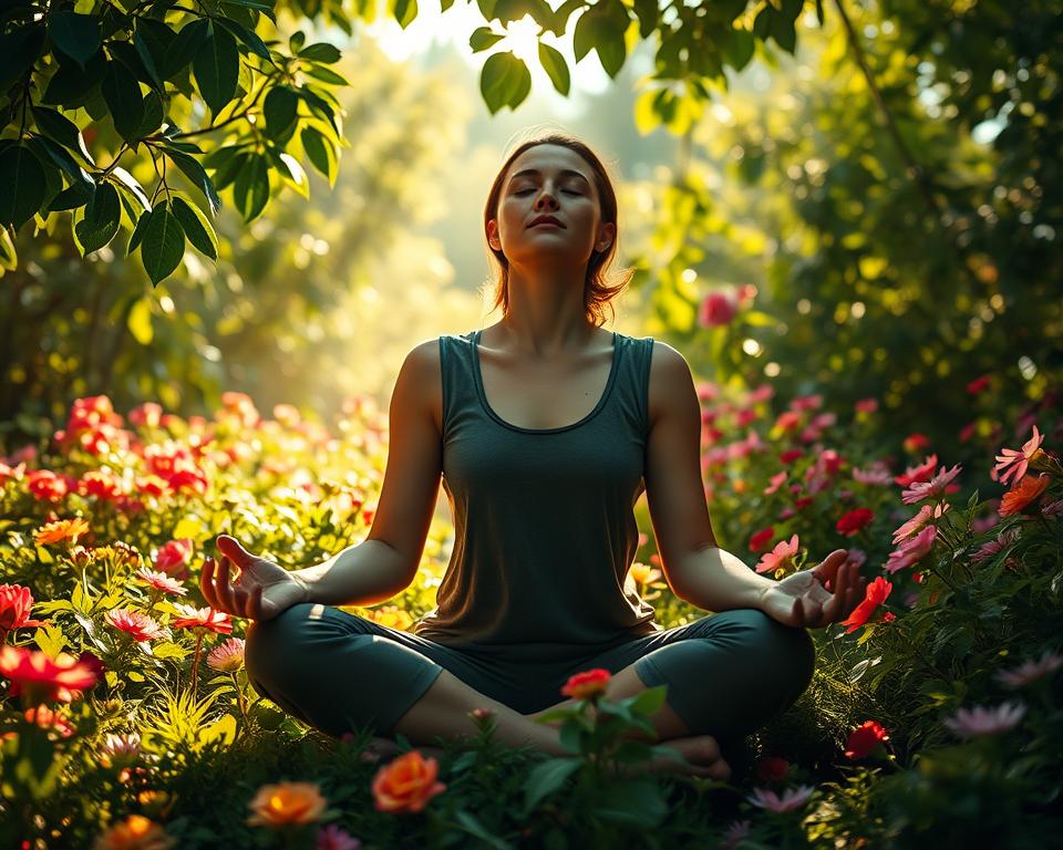 A serene, meditative scene of a person sitting cross-legged in a lush, verdant garden. Sunlight filters through the leaves, casting a warm glow on the figure's face as they appear deep in thought, their eyes closed in a state of focused contemplation. The background is filled with an abundance of vibrant flowers, their petals swaying gently in a soft breeze. The overall atmosphere is one of tranquility, introspection, and a sense of inner harmony, reflecting the process of "reprogramming the mind" and tapping into a state of abundance. A serene, meditative scene of a person sitting cross-legged in a lush, verdant garden. Sunlight filters through the leaves, casting a warm glow on the figure's face as they appear deep in thought, their eyes closed in a state of focused contemplation. The background is filled with an abundance of vibrant flowers, their petals swaying gently in a soft breeze. The overall atmosphere is one of tranquility, introspection, and a sense of inner harmony, reflecting the process of "reprogramming the mind" and tapping into a state of abundance.