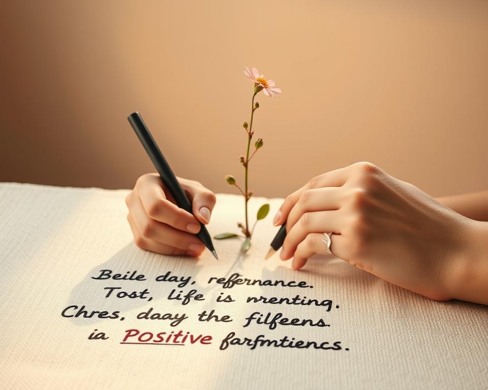 A serene, minimalist scene showcasing the power of positive affirmations. In the foreground, a woman's hands are writing bold, confident affirmations on a textured, cream-colored surface, illuminated by warm, natural lighting. The middle ground features a delicate, flowering plant, symbolizing growth and new beginnings. The background is a soft, muted gradient, creating a sense of focus and tranquility. The overall composition conveys a feeling of inner strength, clarity, and manifestation. The image should be captured with a shallow depth of field, emphasizing the hands and affirmations as the central focal point. A serene, minimalist scene showcasing the power of positive affirmations. In the foreground, a woman's hands are writing bold, confident affirmations on a textured, cream-colored surface, illuminated by warm, natural lighting. The middle ground features a delicate, flowering plant, symbolizing growth and new beginnings. The background is a soft, muted gradient, creating a sense of focus and tranquility. The overall composition conveys a feeling of inner strength, clarity, and manifestation. The image should be captured with a shallow depth of field, emphasizing the hands and affirmations as the central focal point.