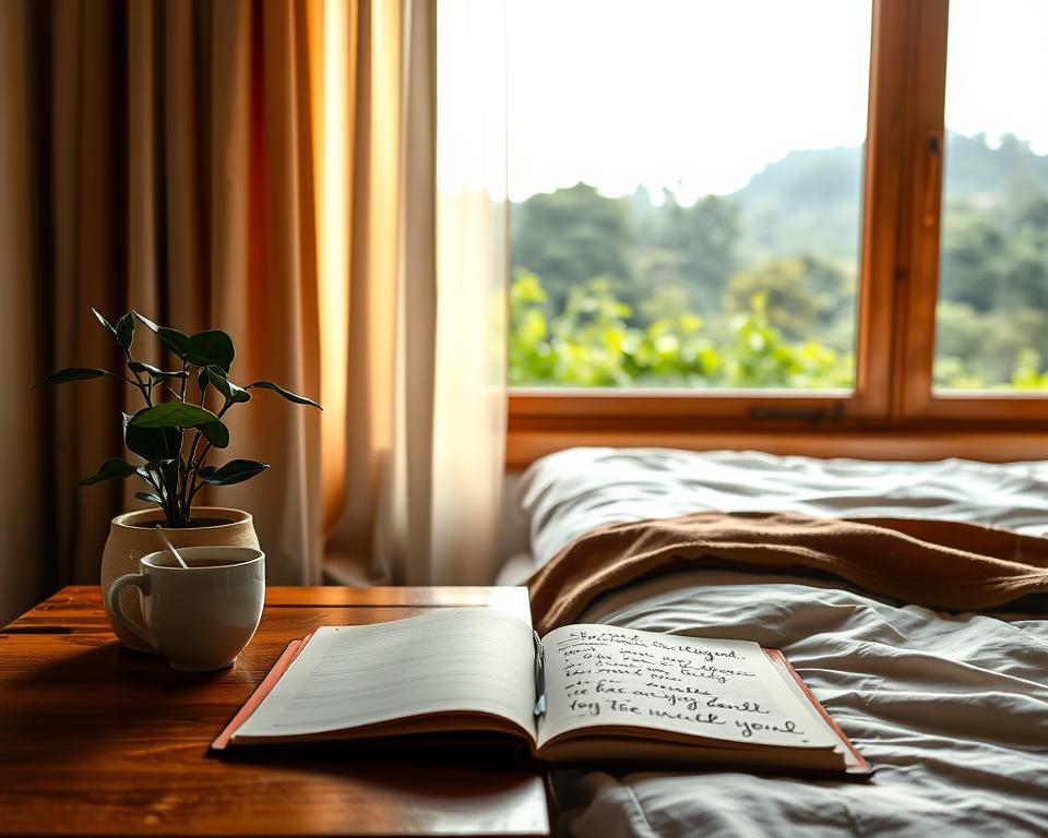 A serene morning scene featuring a tranquil bedroom setting. In the foreground, a wooden bedside table holds a potted plant, a cup of steaming tea, and a journal open to a page of handwritten affirmations. Warm, diffused light filters through sheer curtains, casting a gentle glow on the scene. The middle ground showcases a comfortable bed with crisp, white linens, inviting the viewer to pause and reflect. In the background, a large window overlooks a lush, verdant landscape, symbolizing the abundance and rejuvenation that comes with the morning. The overall atmosphere conveys a sense of calm, mindfulness, and self-care. A serene morning scene featuring a tranquil bedroom setting. In the foreground, a wooden bedside table holds a potted plant, a cup of steaming tea, and a journal open to a page of handwritten affirmations. Warm, diffused light filters through sheer curtains, casting a gentle glow on the scene. The middle ground showcases a comfortable bed with crisp, white linens, inviting the viewer to pause and reflect. In the background, a large window overlooks a lush, verdant landscape, symbolizing the abundance and rejuvenation that comes with the morning. The overall atmosphere conveys a sense of calm, mindfulness, and self-care.