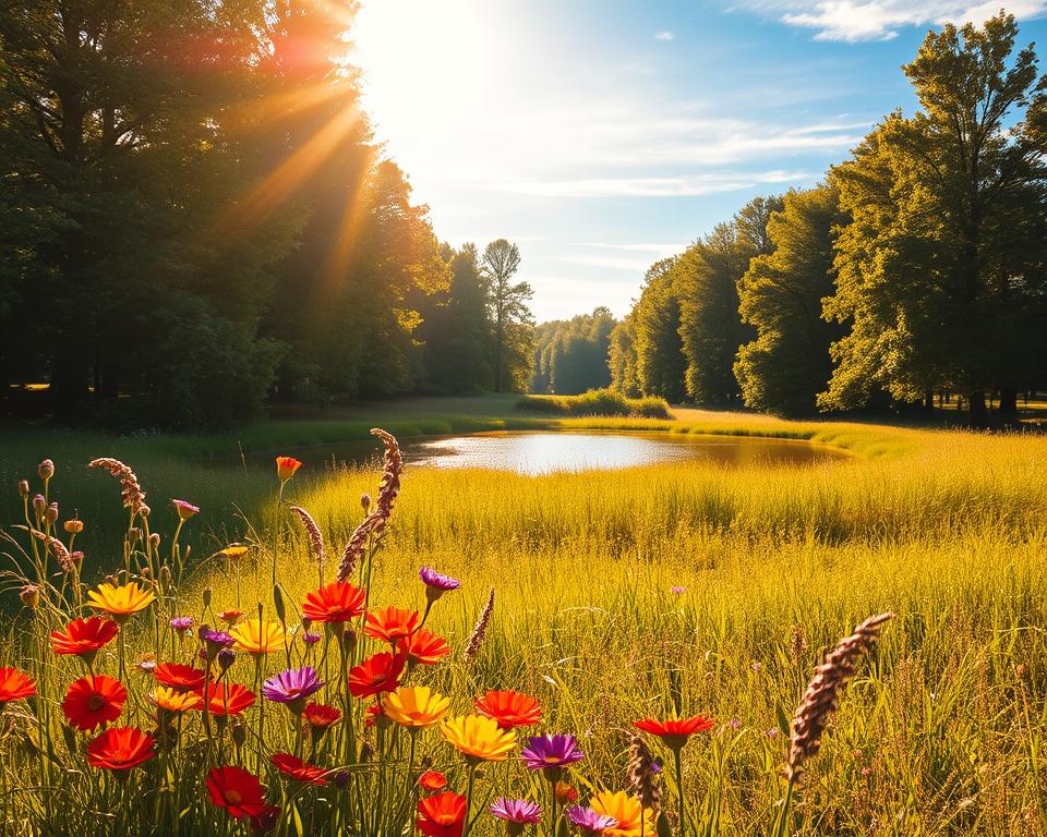 A serene, sun-dappled meadow bathed in warm, golden light. In the foreground, a vibrant array of wildflowers - vibrant reds, yellows, and purples sway gently in a soft breeze. In the middle ground, a tranquil pond reflects the azure sky above, its surface rippling with subtle movements. Towering, lush green trees line the horizon, creating a sense of abundance and prosperity. The overall atmosphere is one of peace, harmony, and boundless possibility, perfectly encapsulating the concept of "affirmations d'abondance".