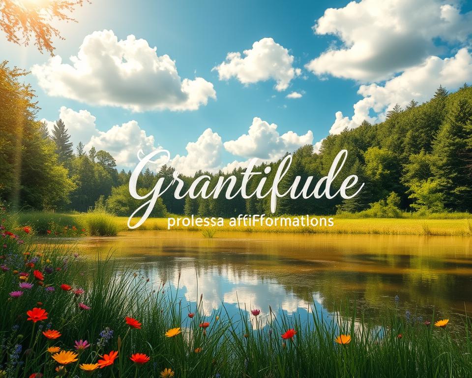 A serene, sun-dappled meadow, dotted with vibrant wildflowers. In the foreground, a peaceful, reflective pond, its surface mirroring the sky above. Floating atop the water, an elegant arrangement of gratitude affirmations, their words shimmering and soft. Surrounding the pond, a lush forest backdrop, the dappled light casting a warm, tranquil glow. Overhead, fluffy white clouds drift lazily across an azure sky, conveying a sense of boundless possibility and abundance. The overall atmosphere is one of profound thankfulness, inner peace, and joyful prosperity.