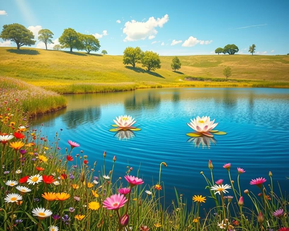 A serene, sun-dappled meadow, lush with vibrant wildflowers in the foreground. In the middle ground, a tranquil pond reflects the azure sky, its surface rippling gently. Atop the pond, delicate lily pads float, their petals unfurling in shades of pink and white. In the background, a gently rolling hillside is dotted with verdant trees, their leaves rustling in a soft breeze. The overall scene exudes a sense of calm and positivity, inviting the viewer to bask in the beauty of nature and the power of affirmations.