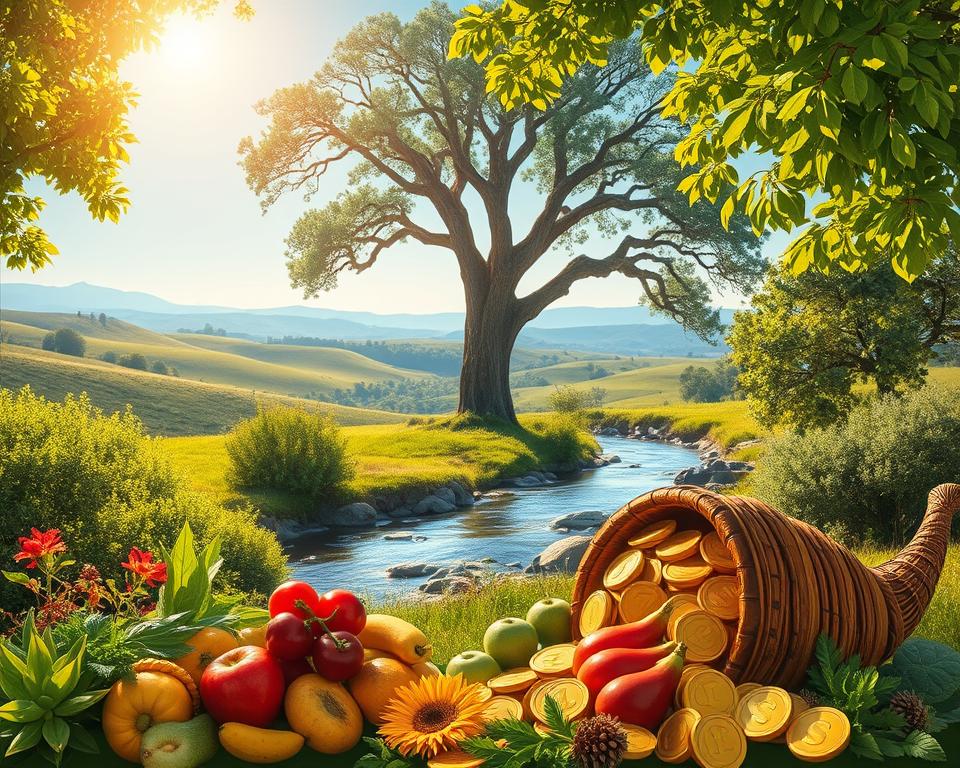 A serene, sun-drenched landscape with lush, verdant foliage and a tranquil stream flowing through the center. In the foreground, a cornucopia overflowing with a bountiful harvest of ripe fruits, vegetables, and gold coins, symbolizing financial abundance and prosperity. In the middle ground, a majestic oak tree stands tall, its branches reaching up towards the clear, azure sky. The background features rolling hills and a distant horizon, creating a sense of expansive, limitless potential. The lighting is soft and warm, casting a gentle glow over the entire scene, evoking a feeling of harmony and contentment. The overall composition conveys a sense of abundance, fulfillment, and a connection to the natural world.