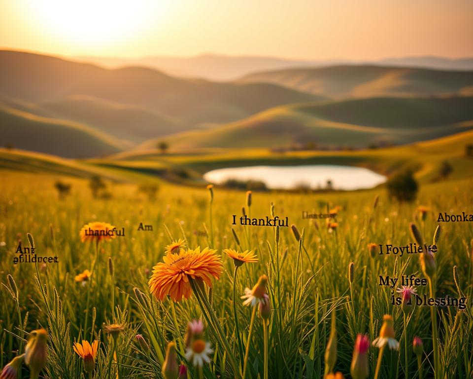 A tranquil meadow bathed in soft, golden light. In the foreground, a vibrant cluster of affirmations bloom, their petals emblazoned with words of gratitude - "I am thankful", "Abundance flows to me", "My life is a blessing". The middle ground features a serene pond, its still waters reflecting the empowering mantras. In the distance, rolling hills stretch towards a horizon painted with hues of warmth and possibility. The overall atmosphere evokes a sense of inner peace, personal growth, and unwavering optimism. A cinematic, wide-angle lens captures this inspirational scene, inviting the viewer to immerse themselves in the transformative power of repeated affirmations.