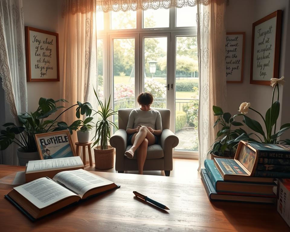 A tranquil morning scene, bathed in warm, diffused natural light filtering through lace curtains. In the foreground, a wooden desk holds an open journal, a pen, and an assortment of self-help books. On the wall behind, inspirational affirmations in calligraphic script are displayed in elegant frames. The middle ground features a cozy armchair, where a person sits in quiet contemplation, surrounded by houseplants and a mug of steaming tea. In the background, a large window offers a serene view of a garden in bloom. The overall atmosphere is one of introspection, mindfulness, and a sense of daily routine dedicated to personal growth and manifestation. A tranquil morning scene, bathed in warm, diffused natural light filtering through lace curtains. In the foreground, a wooden desk holds an open journal, a pen, and an assortment of self-help books. On the wall behind, inspirational affirmations in calligraphic script are displayed in elegant frames. The middle ground features a cozy armchair, where a person sits in quiet contemplation, surrounded by houseplants and a mug of steaming tea. In the background, a large window offers a serene view of a garden in bloom. The overall atmosphere is one of introspection, mindfulness, and a sense of daily routine dedicated to personal growth and manifestation.