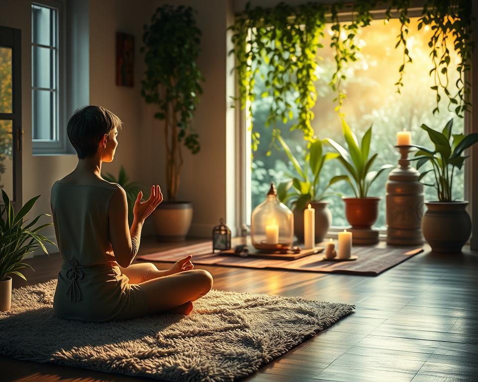 A tranquil morning scene depicting a serene ritual of abundance and prosperity. The foreground shows a serene figure sitting cross-legged on a plush rug, performing a peaceful meditation pose with hands in a mudra. Soft, warm lighting from a nearby window casts a gentle glow, creating an atmosphere of inner calm and reflection. In the middle ground, an altar adorned with candles, crystals, and symbolic objects sits in a cozy, uncluttered space. The background features a lush, verdant indoor garden, with trailing vines and potted plants creating a soothing, natural ambiance. The overall mood is one of quiet contemplation, spiritual renewal, and a sense of abundance and wellbeing. A tranquil morning scene depicting a serene ritual of abundance and prosperity. The foreground shows a serene figure sitting cross-legged on a plush rug, performing a peaceful meditation pose with hands in a mudra. Soft, warm lighting from a nearby window casts a gentle glow, creating an atmosphere of inner calm and reflection. In the middle ground, an altar adorned with candles, crystals, and symbolic objects sits in a cozy, uncluttered space. The background features a lush, verdant indoor garden, with trailing vines and potted plants creating a soothing, natural ambiance. The overall mood is one of quiet contemplation, spiritual renewal, and a sense of abundance and wellbeing.