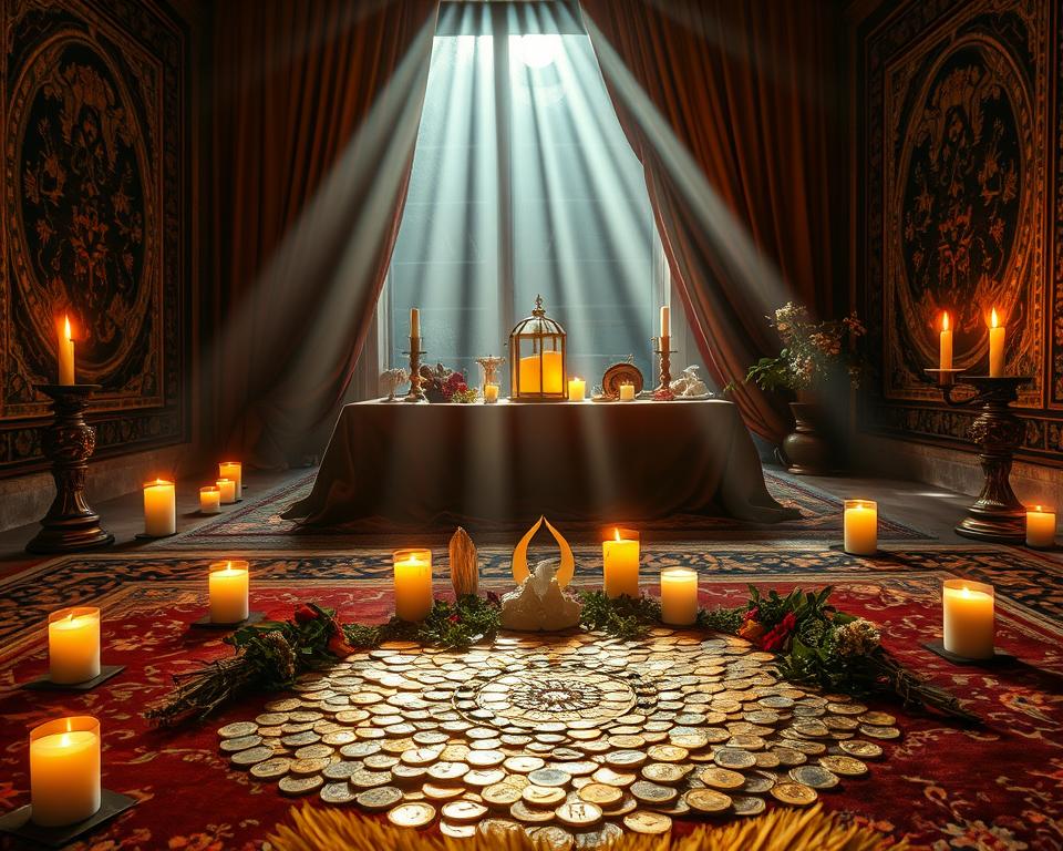 A tranquil ritual space for abundance, bathed in the soft glow of candlelight. In the foreground, a mandala of golden coins, crystals, and herbs - symbols of prosperity. Behind it, an ornate altar draped in rich fabrics, adorned with candles, flowers, and a crescent moon. The walls are adorned with intricate tapestries, while the floor is covered in plush rugs. Beams of moonlight stream in through a large window, casting a serene, ethereal atmosphere. The overall scene evokes a sense of harmony, mindfulness, and the opportunity to manifest abundance through intentional practice.