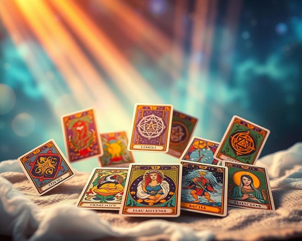 A vibrant, mystical tarot deck floats against a serene, otherworldly backdrop. The cards, adorned with intricate symbols and rich, jewel-toned hues, emanate a sense of hidden wisdom and spiritual connection. Shafts of warm, ethereal light illuminate the scene, casting a soft glow that amplifies the cards' symbolic power. In the foreground, a selection of cards representing prosperity and success are prominently displayed, their colors and imagery conveying a sense of abundance, growth, and triumph. The overall composition evokes a sense of deep contemplation and the pursuit of enlightenment through the timeless art of tarot.