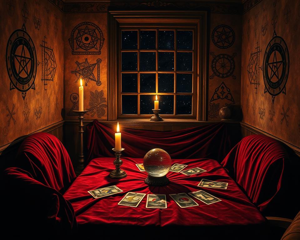An intimate, sacred tarot reading space with a velvet-draped table, a crystal ball, and a single flickering candle. The atmosphere is hushed and contemplative, the soft light casting gentle shadows that dance across the rich, jewel-toned fabrics. Mystical symbols and sigils adorn the walls, creating an atmosphere of spiritual introspection. A single window frames an inky night sky, hinting at the unseen mysteries of the cosmos. The scene evokes a sense of timeless wisdom and a deep connection to the divine. An intimate, sacred tarot reading space with a velvet-draped table, a crystal ball, and a single flickering candle. The atmosphere is hushed and contemplative, the soft light casting gentle shadows that dance across the rich, jewel-toned fabrics. Mystical symbols and sigils adorn the walls, creating an atmosphere of spiritual introspection. A single window frames an inky night sky, hinting at the unseen mysteries of the cosmos. The scene evokes a sense of timeless wisdom and a deep connection to the divine.