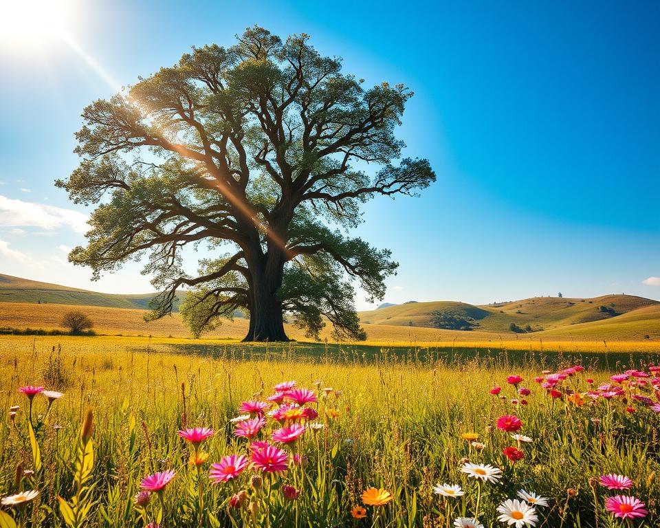 Prompt A serene, sun-dappled meadow with vibrant wildflowers in the foreground. In the middle ground, a majestic oak tree stands tall, its branches reaching towards the sky. Shimmering rays of light filter through the leaves, casting a warm, golden glow over the scene. In the background, rolling hills and a cloudless azure sky create a sense of balance and tranquility. The overall atmosphere exudes a harmonious energy, symbolizing the delicate equilibrium of wealth and well-being. Prompt A serene, sun-dappled meadow with vibrant wildflowers in the foreground. In the middle ground, a majestic oak tree stands tall, its branches reaching towards the sky. Shimmering rays of light filter through the leaves, casting a warm, golden glow over the scene. In the background, rolling hills and a cloudless azure sky create a sense of balance and tranquility. The overall atmosphere exudes a harmonious energy, symbolizing the delicate equilibrium of wealth and well-being.