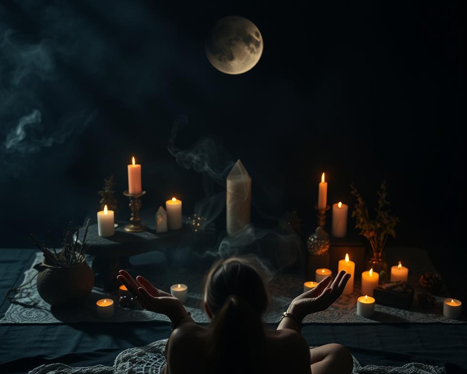 Rituals of the new moon, an intimate ceremony of illumination. A dark altar adorned with crescent candles, crystals, and herbal bundles. Mystical light casts ethereal shadows, evoking a sense of reverence and introspection. In the foreground, a serene figure meditates, palms upturned to receive the moon's blessings. Wisps of incense drift through the frame, creating an atmosphere of tranquility and spiritual awakening. The background blurs into a hazy, otherworldly landscape, suggesting a connection to the cosmic forces. Soft, diffused lighting from above enhances the meditative, introspective mood. Capture the essence of this transformative new moon ritual with a cinematic, evocative image.