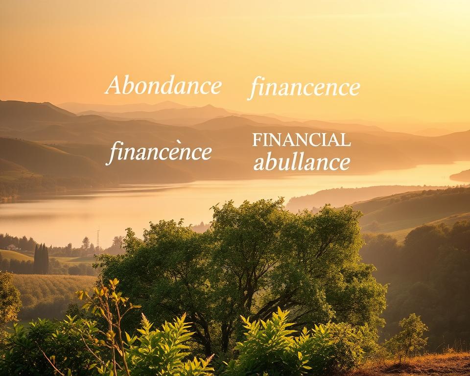 Serene landscape with rolling hills, a tranquil lake, and a warm golden sky. In the foreground, a cluster of lush green trees and plants, their leaves gently swaying in a soft breeze. Floating above the water's surface, holographic affirmations in French and English appear, such as "Abondance financière" and "Financial abundance." The scene is bathed in a soft, diffused lighting, creating a sense of peace and contemplation. The overall atmosphere is one of abundance, clarity, and inner harmony.