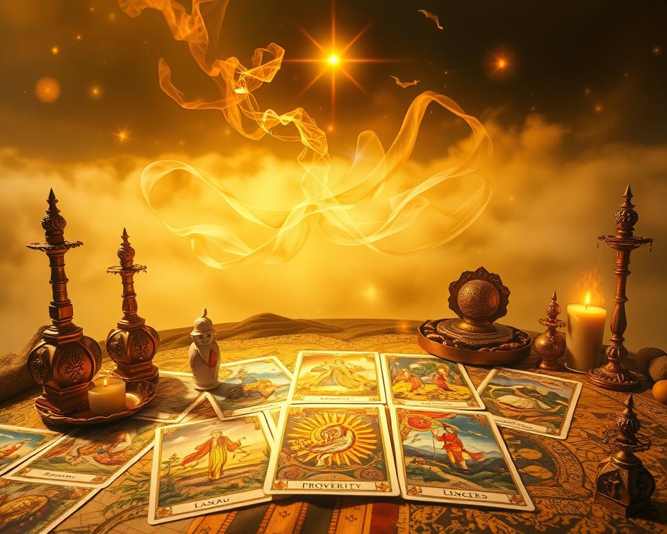 Tirage tarot abondance: A mystical display of tarot cards and esoteric symbols, bathed in a warm, golden light. In the foreground, a spread of tarot cards, each depicting vibrant imagery of prosperity, wealth, and fulfillment. Surrounding the cards, a soft, ethereal glow emanates, hinting at the unseen forces guiding the divination. In the middle ground, wispy tendrils of energy intertwine, weaving a tapestry of potential and possibility. In the background, a hazy, dreamlike landscape unfolds, suggesting the infinite realms of the subconscious and the boundless nature of abundance. The overall atmosphere is one of tranquility, introspection, and the promise of a future filled with abundance and prosperity.